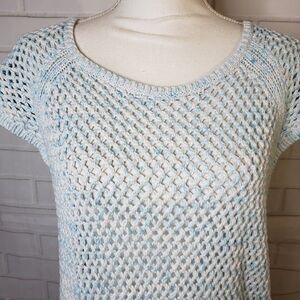 Talbots Petite Blue Crochet Tunic Top Boat Neck Cap Sleeve womens XL XLP Shirt